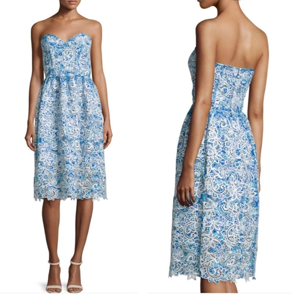 Parker Azalea Strapless Sweetheart-Neck Lace Dress, Glacius Brocatto eyelet midi